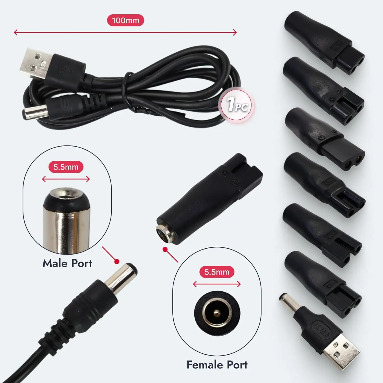 8 PCS Power Cord 5V Replacement Charger USB Adapter Suitable for All Kinds Hair Clippers, Beard Trimmers, Shavers