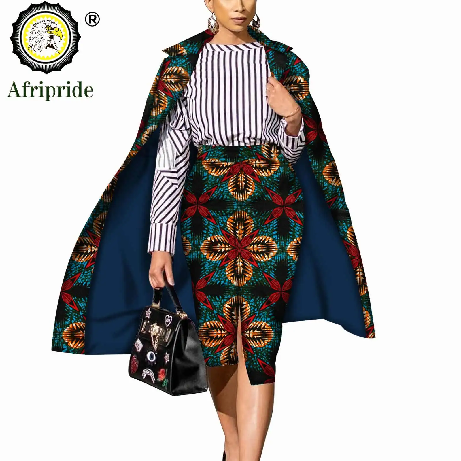 

African 2 Piece Suits for Women Long Coat+Ankara Skirt Print Robe Dashiki Set Plus Size Bazin Riche AFRIPRIDE S1826008