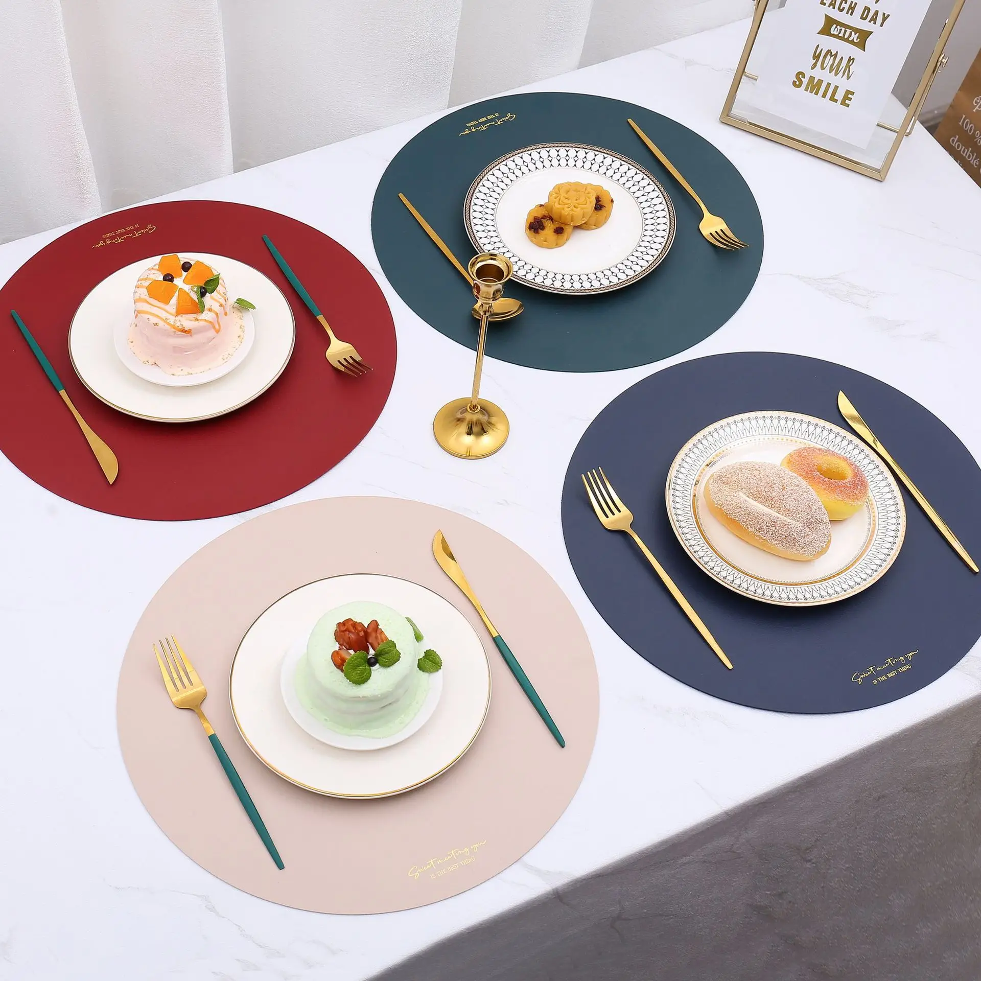 1/2/4Sets Round Shaped Placemat and Coaster Set Gift Tableware Placemat Nordic Leather Decoration Table Mat for Kitchen Dining