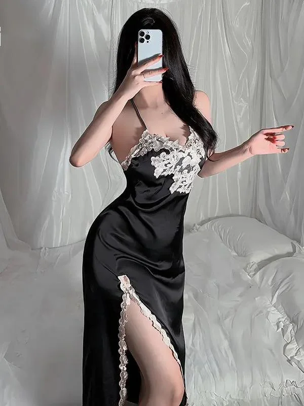 Sexy Satin Women's Split Suspender Dress Perspective Clothing V-neck Embroidery Backless Tall Forking Long Dress Elegant C292