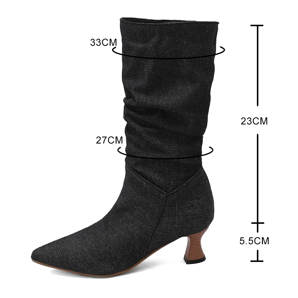 

Женские плиссированные ботинки до середины икры, пикантные туфли-лодочки на высоком каблуке с острым носком, вечерние туфли без шнуровки для женщин, зимняя обувь на тонком каблуке