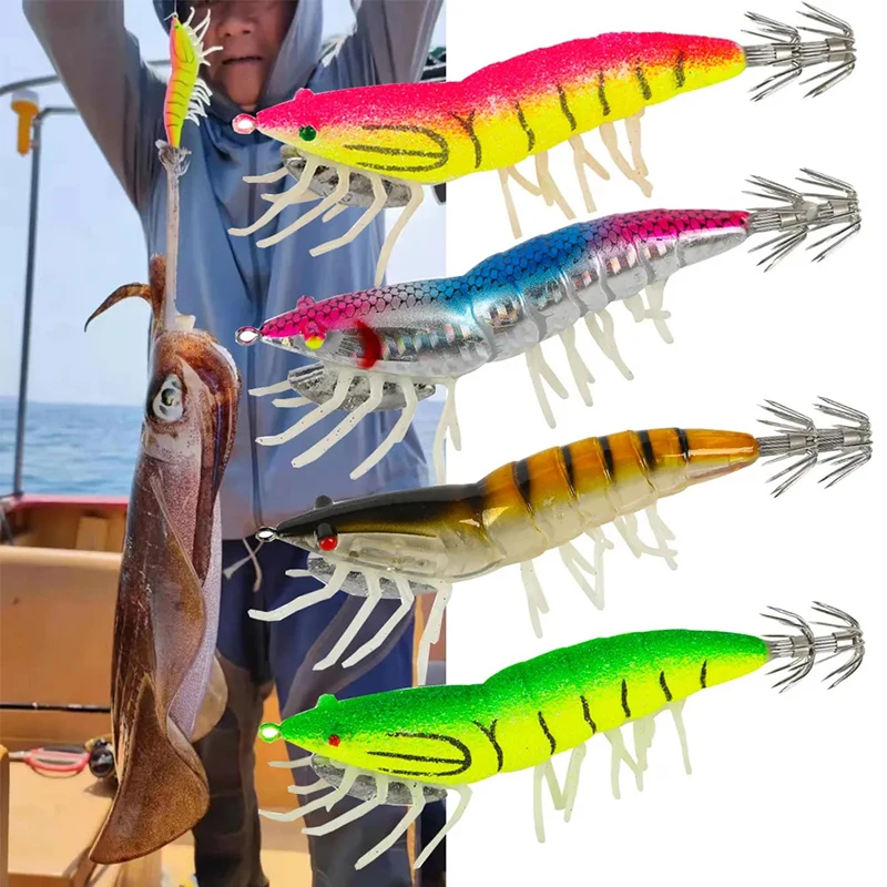 

1pcs Luya Fake Bait Luminous Wood Shrimp Squid Hook Soft Foot With Sound Beads Bionic Animal Fish Lure Squid Jigs 3.0#/3.5#