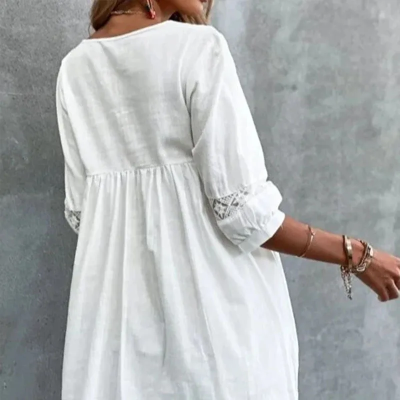 Summer Boho Women's Dress Casual Half Sleeve Sundress Lace V Neck Beach Vestido Bohemian Holiday Party Loose White Mini Dresses