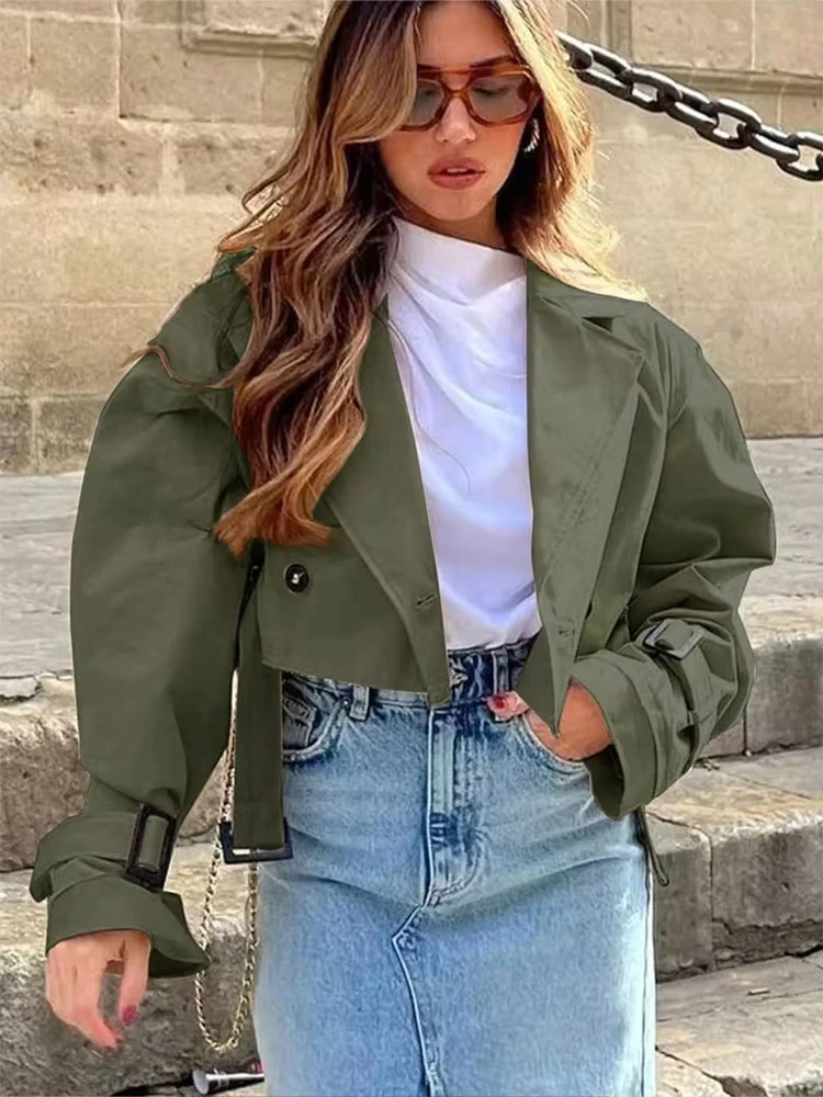 HH Dámské ležérní krátký trenčkot s dlouhým rukávem, vroubkovanou klopou, volné bundy s páskem, elegantní dámské knoflíky - náhled 5