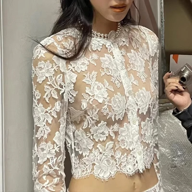 White short lace see-through jacket temperament hundred hundred bead decoration round neck long-sleeved women's top 2024 new