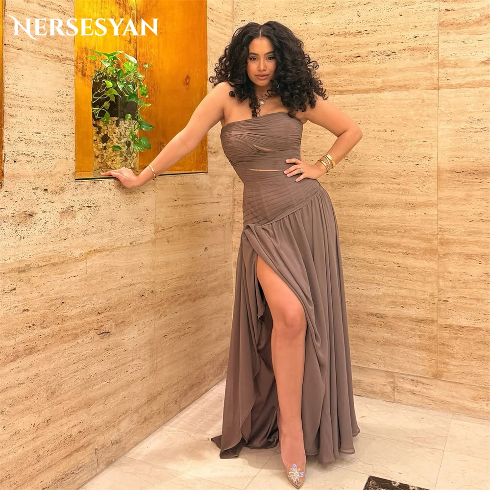 

Nersesyan Sexy Chiffon Prom Dresses Off Shoulder Pleats Side Slit Sleeveless Ball Gowns Backless Formal Evening Dress Customized