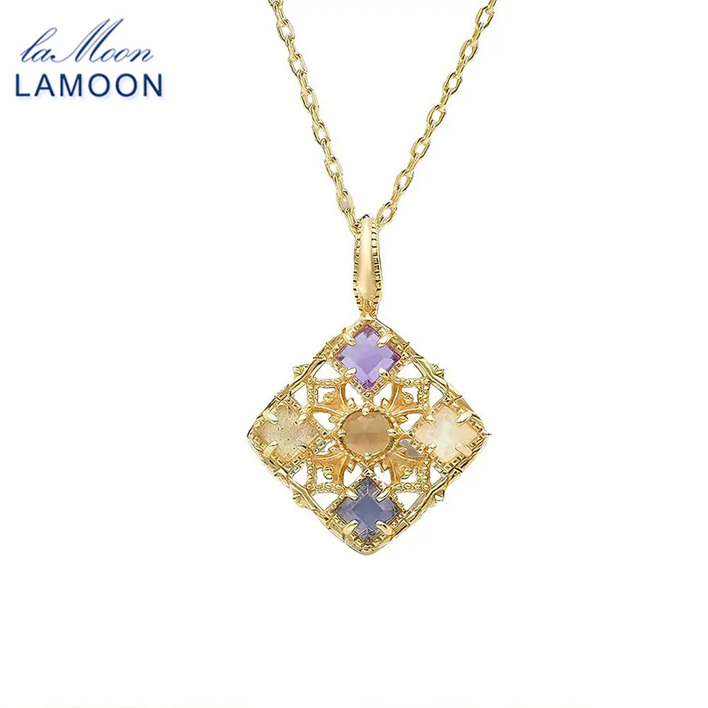 

LAMOON натуральный аметист лабрадорит лунный камень кулон ожерелье для женщин элегантный S925 серебро золото Vermeil ювелирные изделия