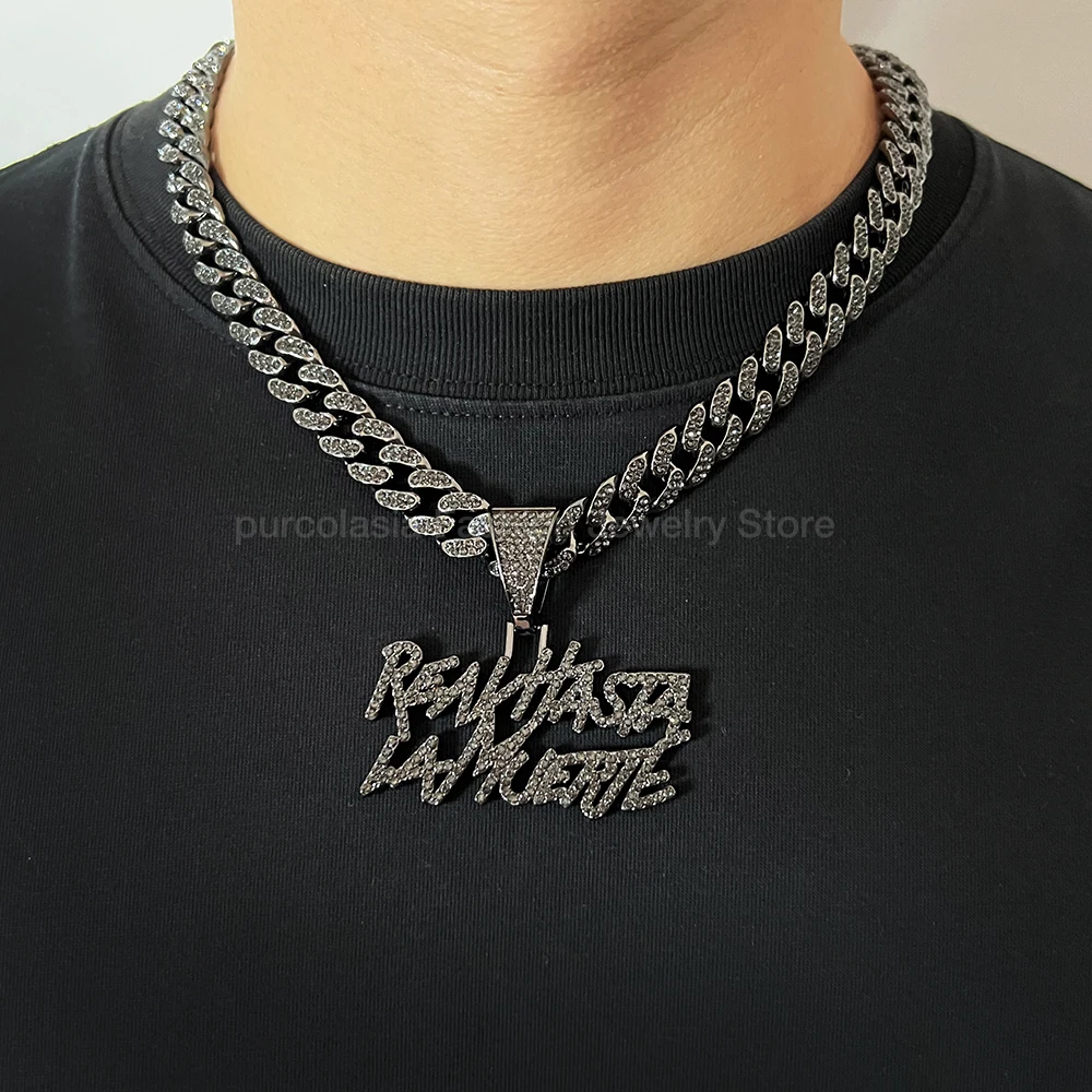 Men Hip Hop realhasta lamuerte Black Letter Pendant With 12MM  Iced out Bling Cuban Chain For Man Woman Cool Jewelry