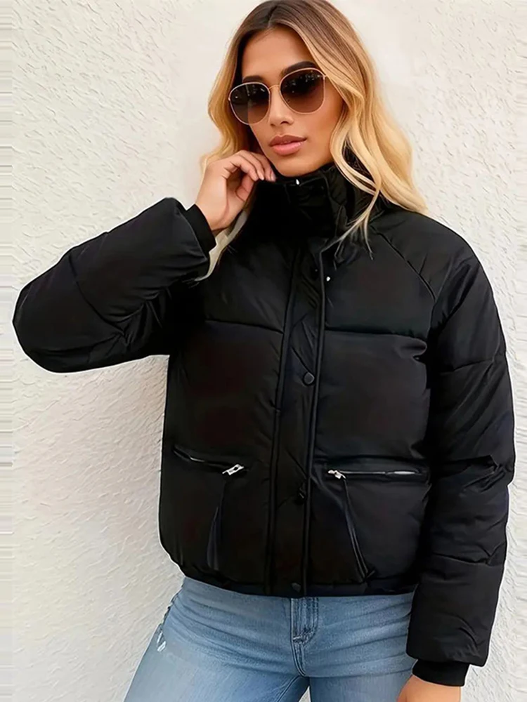 Thickened Stand Collar Women's Winter Puff Coat Casual Zipper Single-Breasted Down Jackets For Woman Warm Solid Short Outwears