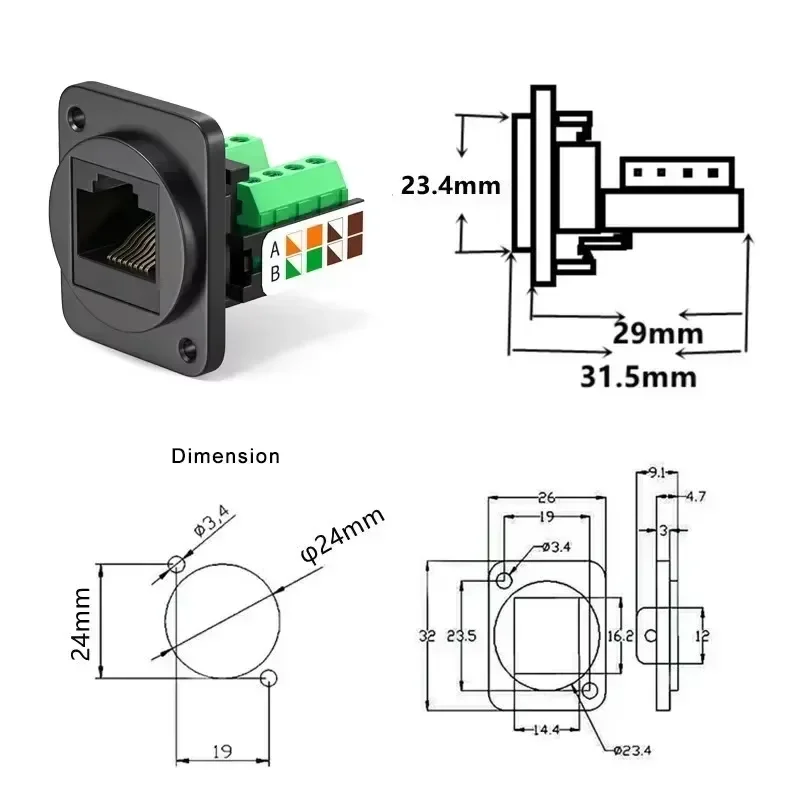 D-type Metal RJ45 USB Network Cable Panel Socket CAT5E/6/7 Solderless Network Module Connector Shielded Network Cable