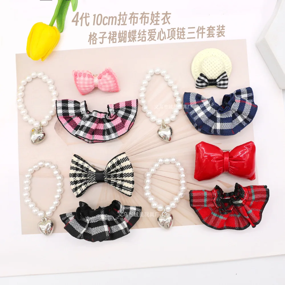 Vêtements de poupée pour poupées Labubu 4e génération 4.0, 10cm, jupe en Tulle à carreaux à pois avec nœud, accessoires pour cheveux, petit cadeau mignon