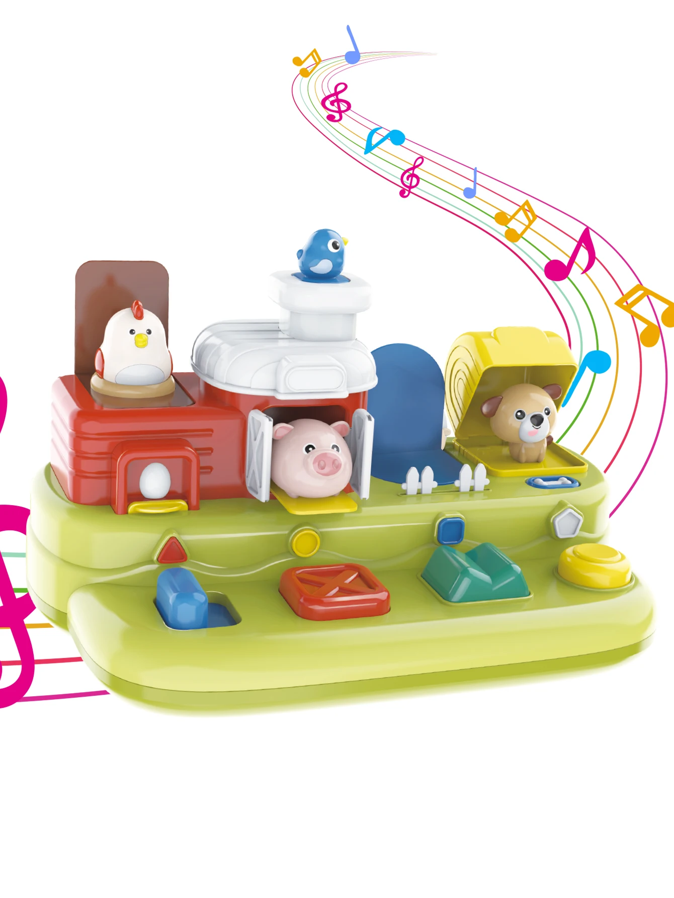 

Interactive pop-up farm animal toy with sound, music, Montessori early development causality and effects.