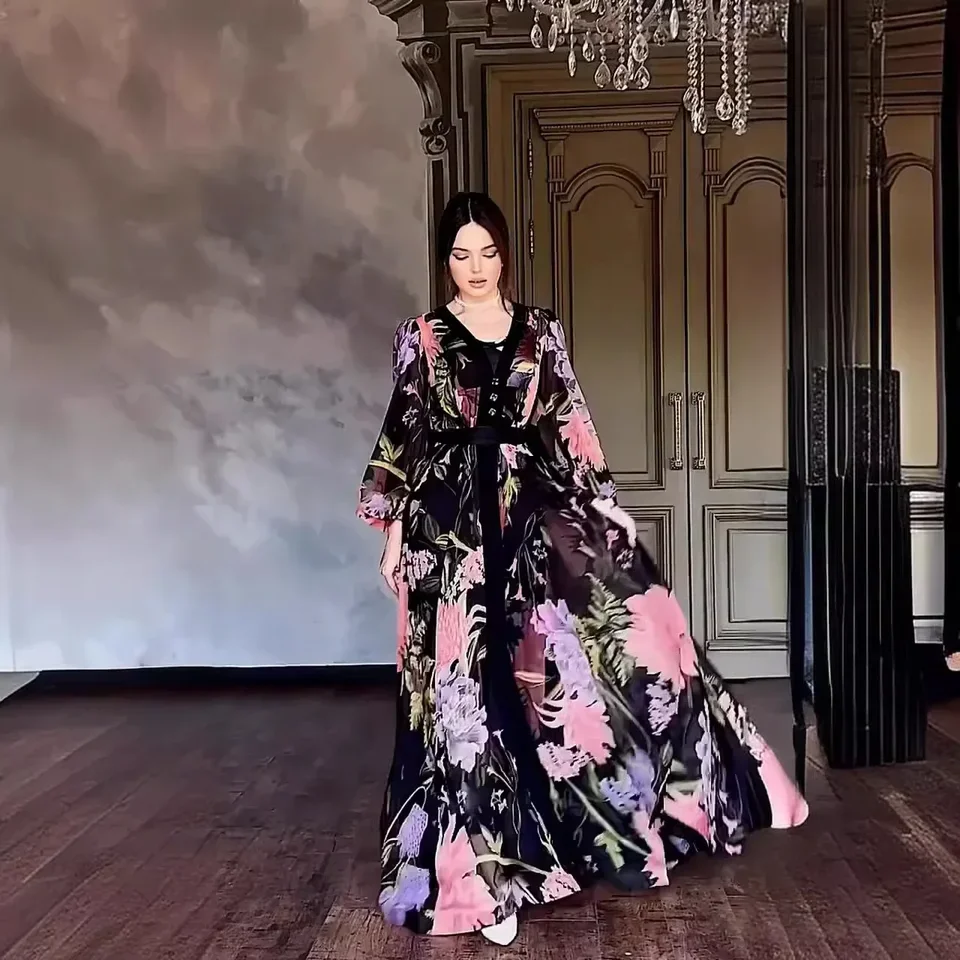 

Muslim Women Flower Print Dress Kaftan Islam Vestidos Eid Ramadan Morocco Dubai Abayas Modest Dresses Arab Long Robe