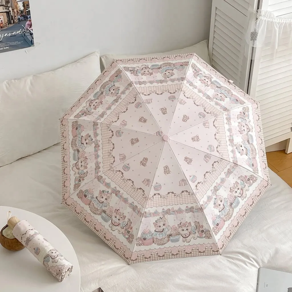 Japanese Sweet Lolita Automatic Umbrella Female Weather and Rain Portable Vinyl Sunscreen Parasol Cartoon Cute Cute Sun Umbrella