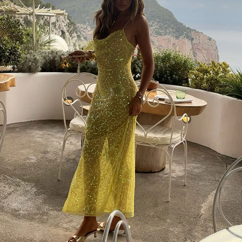 Damen Elegantes Cut-Out Party Maxikleid Sexy Figurbetontes Pailletten-Strandkleid mit Transparenten Elementen Modisches Neckholder Ärmelloses Cut-Out Kleid