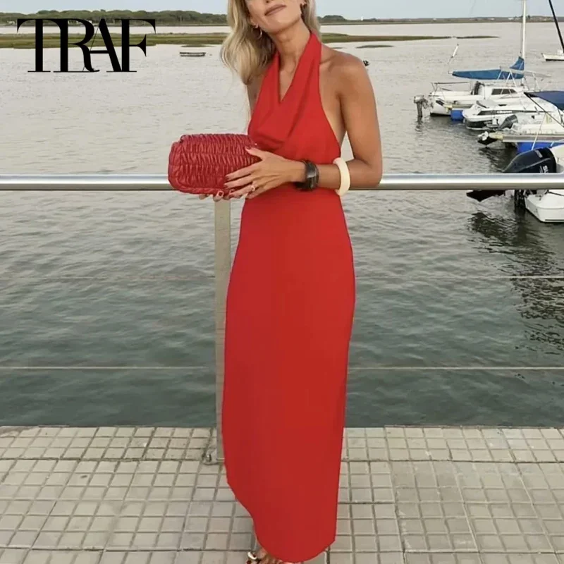 TRAF Evening Pleated Dresses Women Dresses Long Halter Dresses Summer Autumn 2024 Ladies Fashion Backless Red Camel Dresses