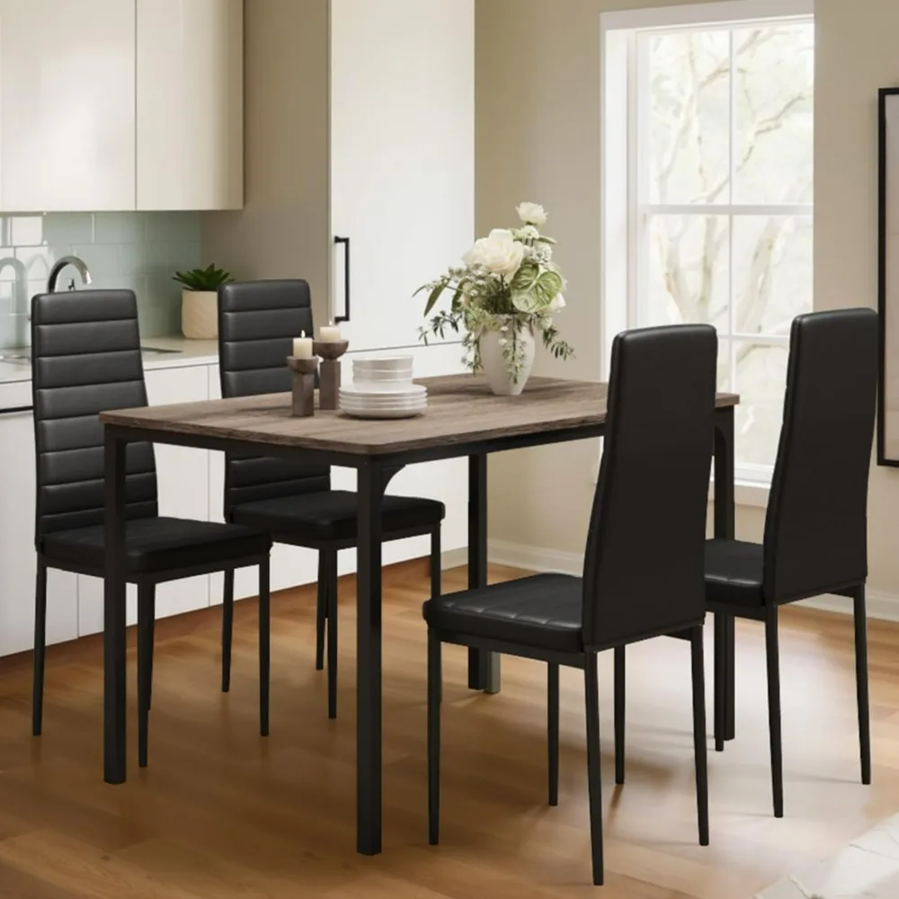 Dining Table Set for 4, Kitchen Table Chairs Set of 4, 5 Piece Kitchen Table Set with 4 Upholstered PU Leather Chairs