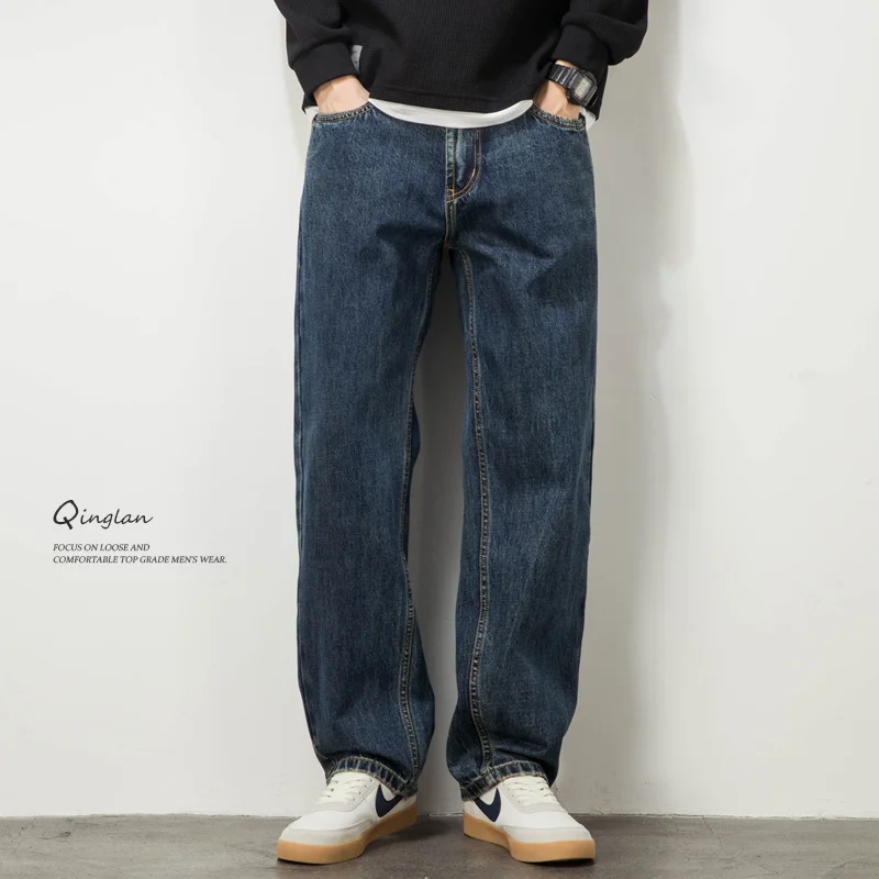 

Мужские джинсы свободного прямого кроя в американском ретро-стиле, повседневные, модные, весна-осень, новая модель, из смесового хлопка и полиэстера, прямые штанины
