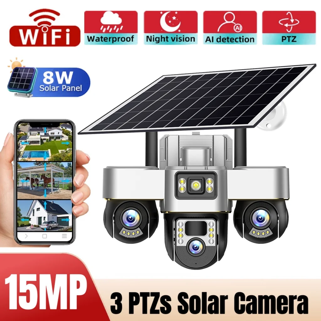 

V380 Wifi Three PTZs Lens Solar Camera 15MP Outdoor Waterproof CCTV Night Vision Two-Way Audio Camera Mobile Tracking IP Camera