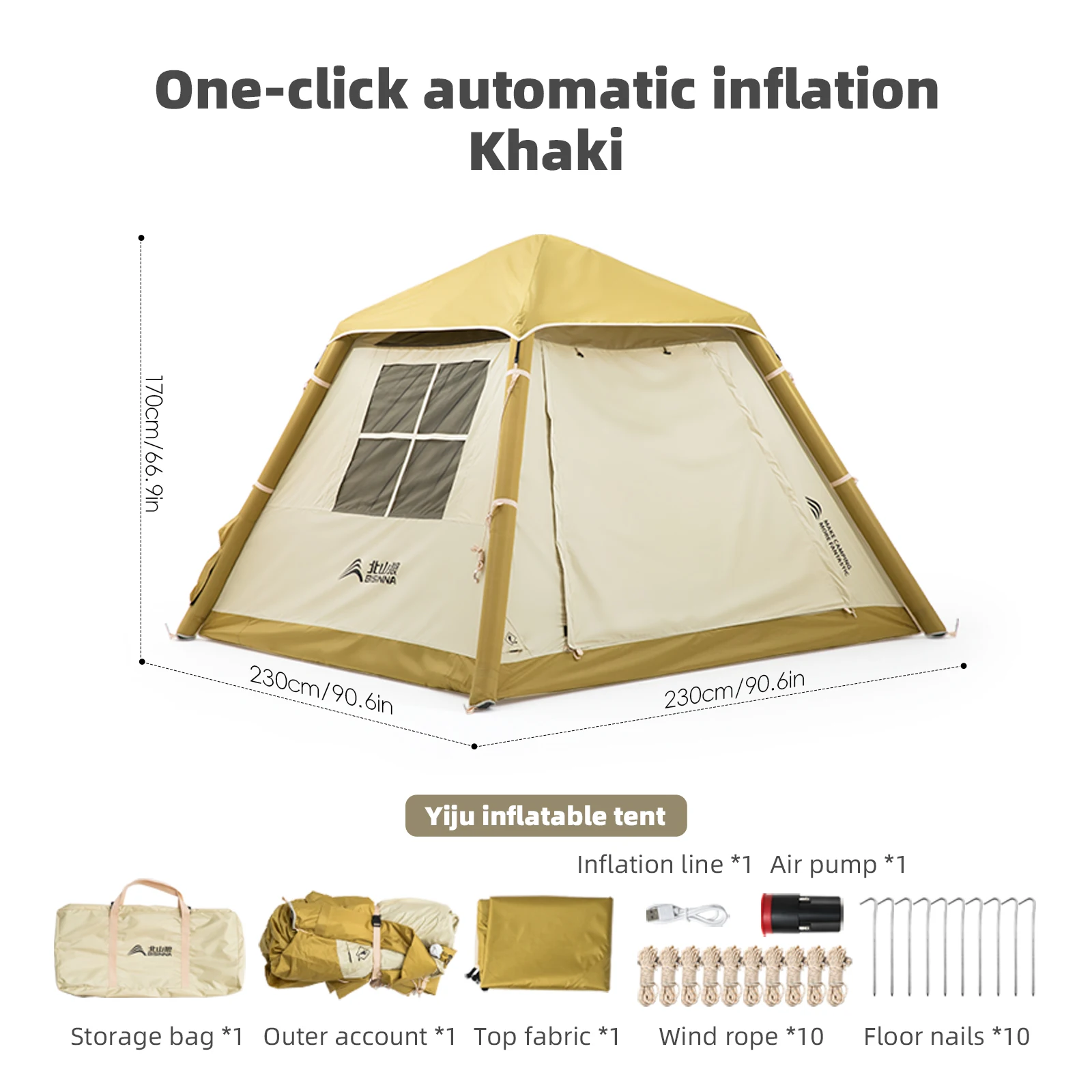 BISINNA Automatische Opblaasbare Tent voor 3-4 Personen, Eén-Knops Instant Opzet, Draagbare Familietent met Ingebouwde Pomp