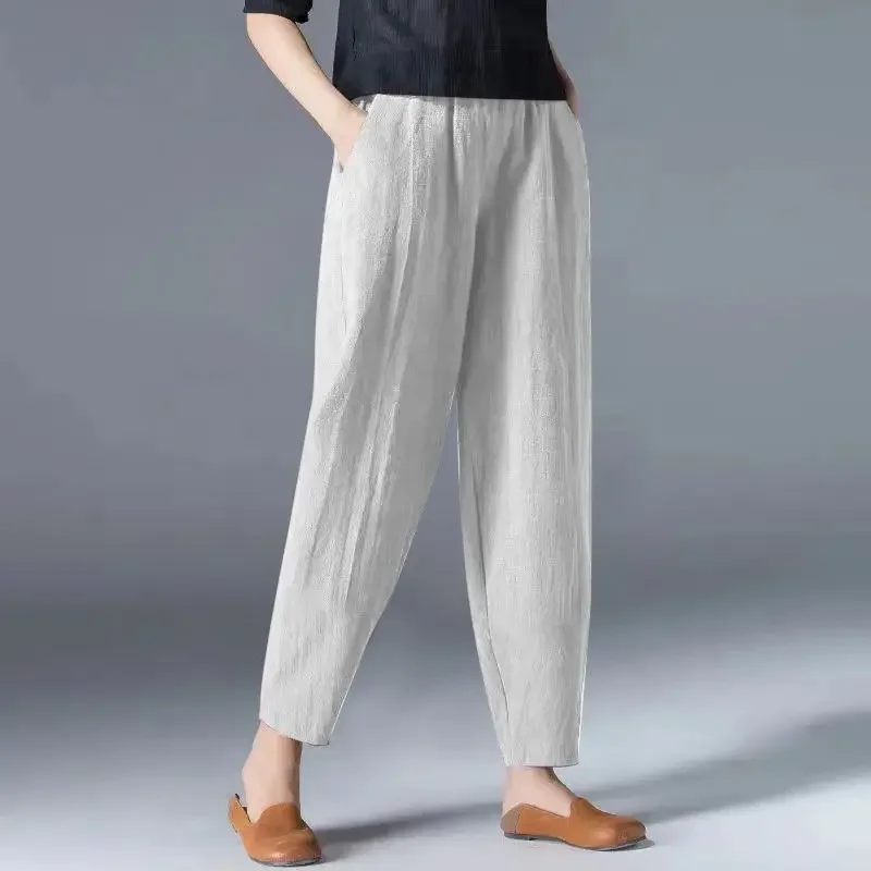 

Свободные и тонкие антихлопковые широкие брюки с эластичным поясом, повседневные однотонные брюки в стиле ретро, модная женская одежда в простом стиле