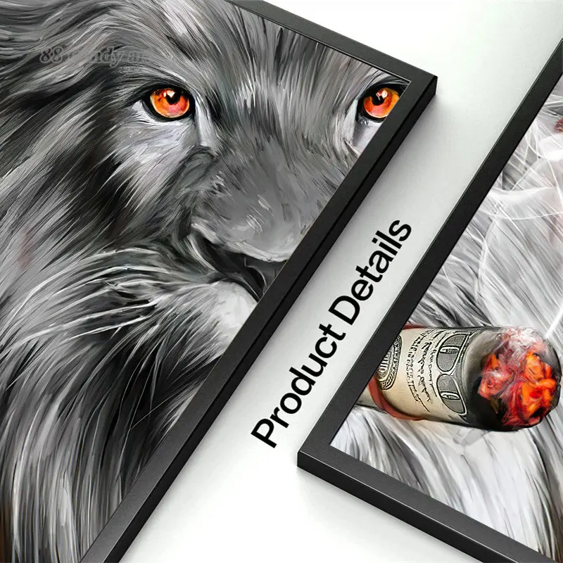 The Rich Businessman Mr. Lion King Smoking Dollar Cigarette Canvas Painting Luxury Animal Wall Art Poster Picture for Home Decor
