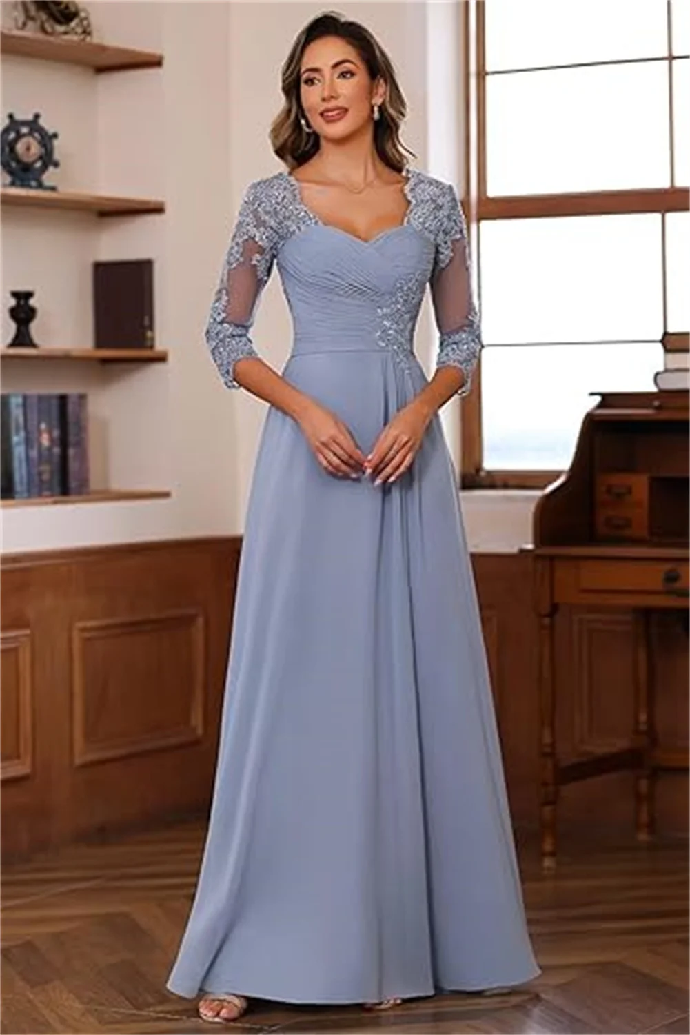 

Customized Pleated Chiffon Mother Of Bride Dresses Lace Applique 3/4 Tulle Sleeves Formal Dresses A Line Long Evening Prom Dress