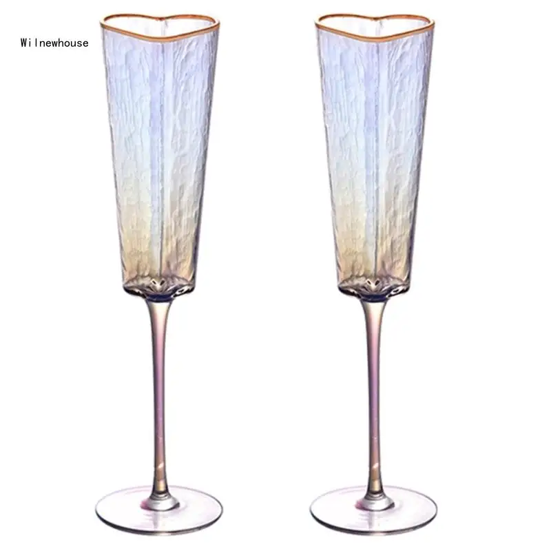 2Pcs Champagne Flute Unique Heart Pattern High Leg Glass Cup with Gold Border for Beverage Drinkware Enthusiasts Dropship