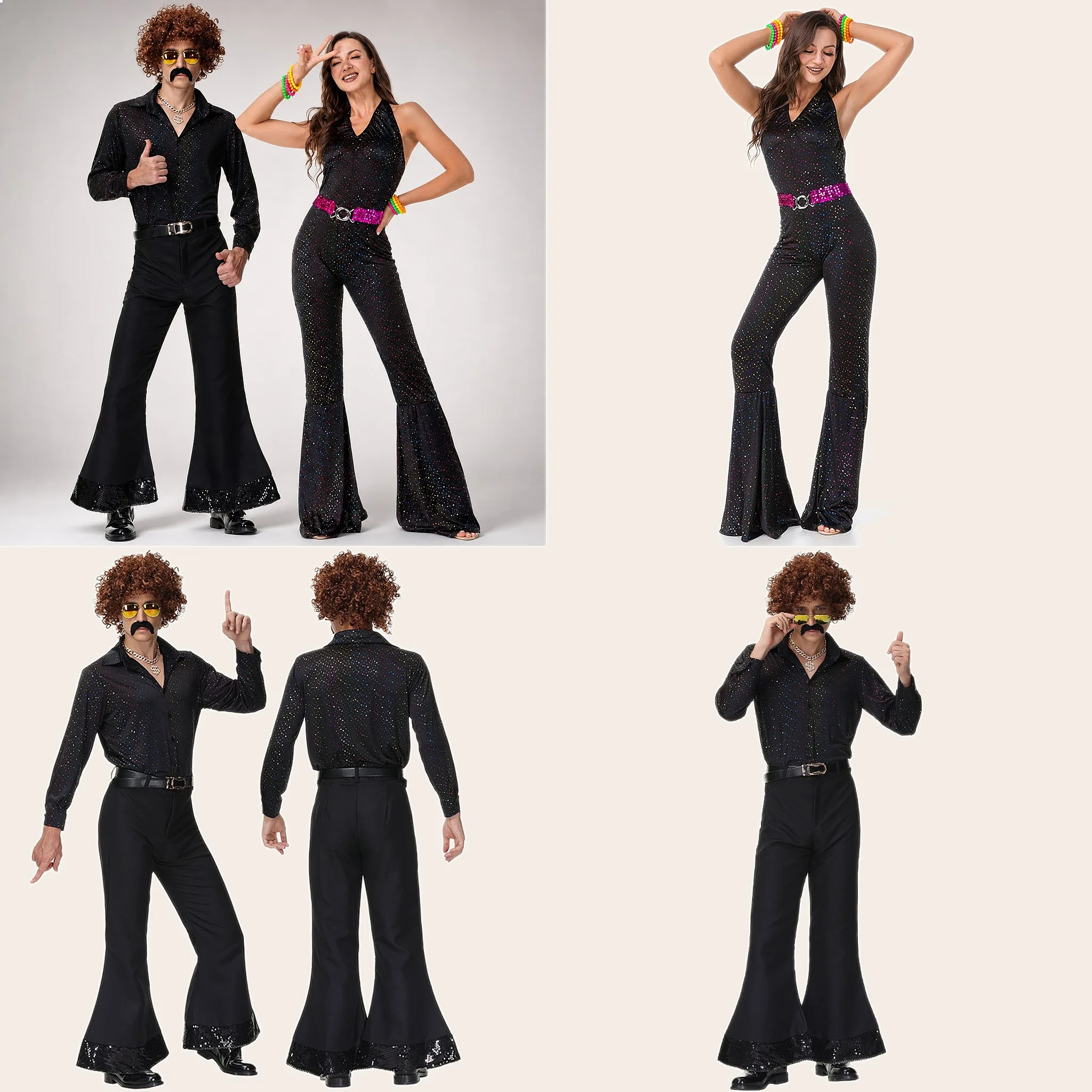 

Halloween Costume Adult Retro 70s Disco Sequin Couple Outfit Bar Nightclub Performance Wear
