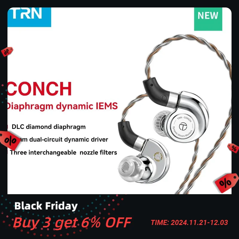 TRN Conch Earphone High-Performance DLC Diamond Diaphragm Dynamic in-Ear Monitors Tuning Nozzle Filters For Xiaomi