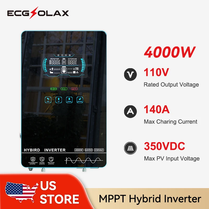ECGSOLAX Hybrid Solar Inverter 4KW 24V 110/120V Pure Sine Wave Off Grid Inversor Built in MPPT 140A Solar Charge Home inverter
