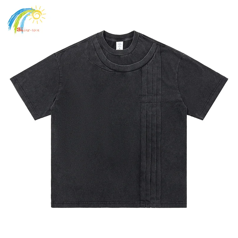 

Винтажная потертая черная футболка из плотной ткани, хлопковая футболка большого размера, мужская и женская футболка с двойным воротником, повседневная футболка