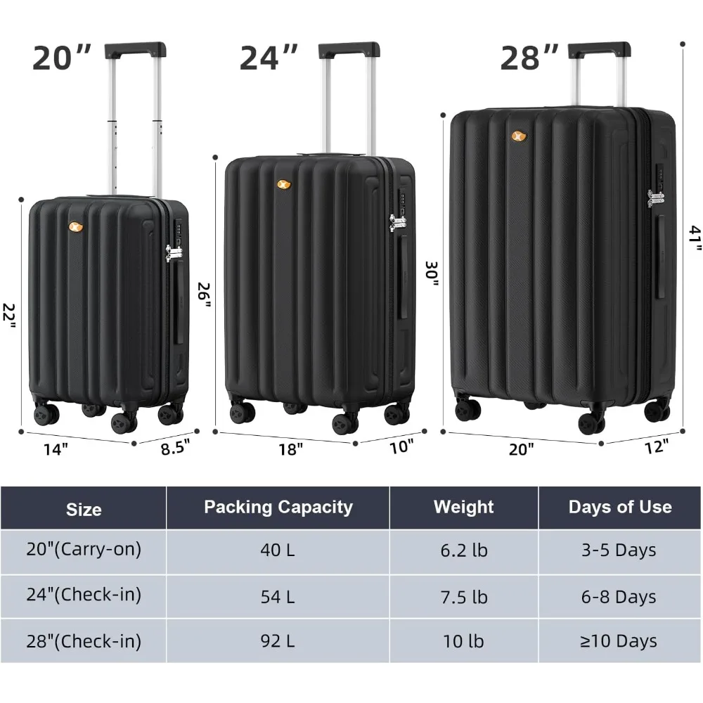 3 Piece Luggage Sets, Hardshell Suitcase Sets with Spinner Wheels, Lightweight PC Luggage with TSA Lock(Space Black, 3-Piece Set