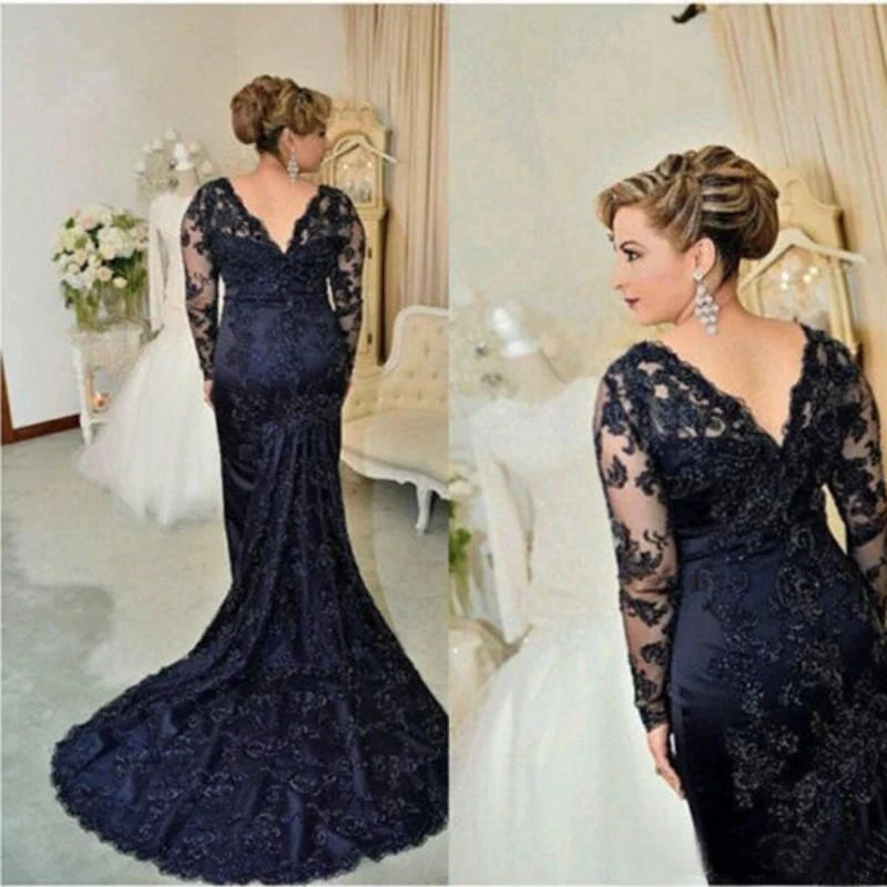 À venda charming dark navy lace sereia manga longa mãe dos vestidos de noiva decote em v vestidos de festa de casamento voltar para fora 2022