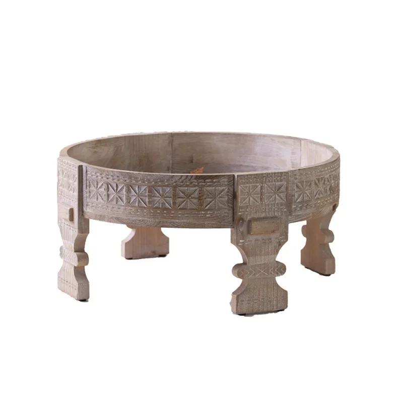 

Solid wood carving flower coffee table hotel homestay decoration combination tea table, American old round edge table storage