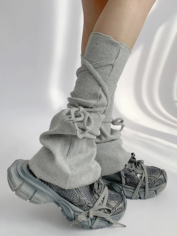 Foot Sock Women's Solid Color Knitted Cotton Thickened Warm Simple Fashion Leg Warmer Gray Lace-up Socks Spring Autumn Mid-Calf