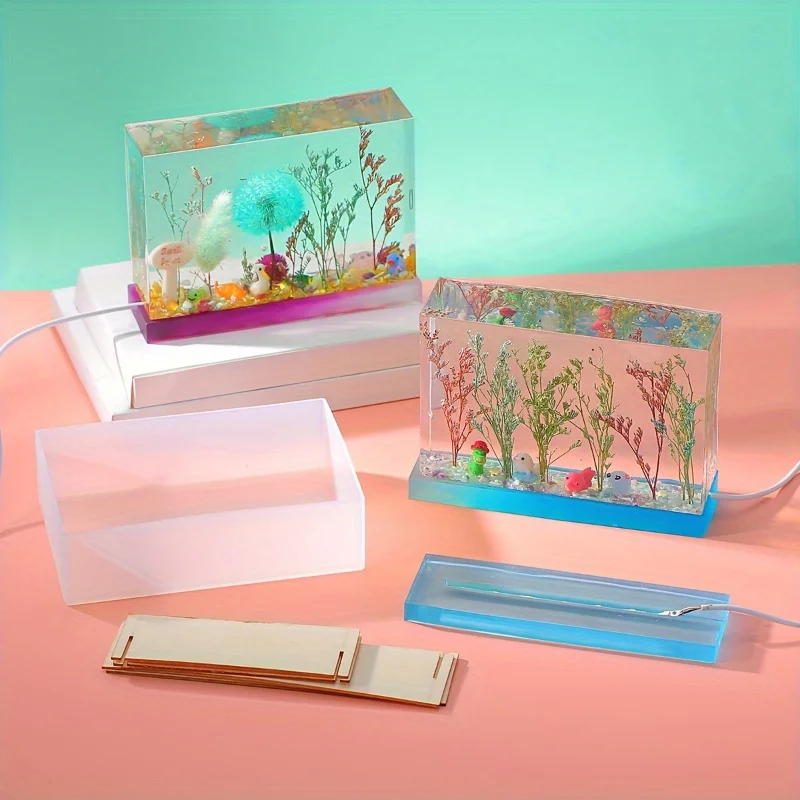6Pcs Rectangle Silicone Mold Set with Base & Stand Epoxy Resin Mold DIY Square Ornament Handmade Craft Home Tabletop Decoration