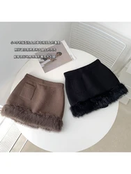 French High Quality Patchwork Plush Fur Skirt Gyaru Coquette Classical Cozy Warm Thicken Solid Color A-Line Skirt Autumn Winter