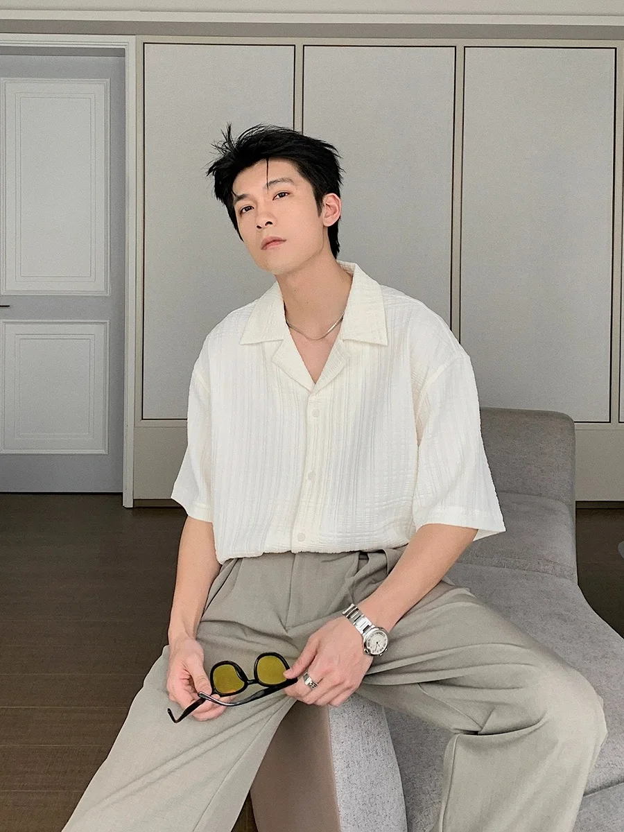 Wrinkled ice silk shirt for men short sleeve Japanese loose Cuban collar shirt summer trend design handsome tops high streetwear