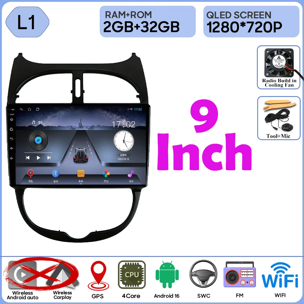 Android 16 autoradio voor Peugeot 206 206CC 1998-2012 autoradio Bluetooth 4G Wifi GPS navigatiescherm draadloze Carplay monitor