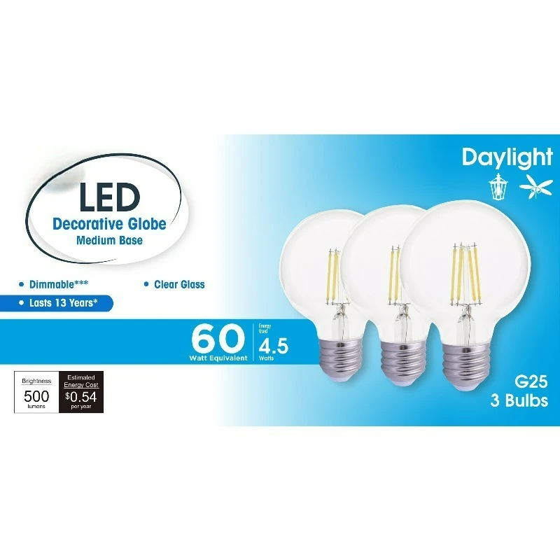 

Светодиодная лампа G25, 3 Вт (эквивалент 60 Вт), дневной свет, декоративная, цоколь E26, с регулировкой яркости - 3 шт.