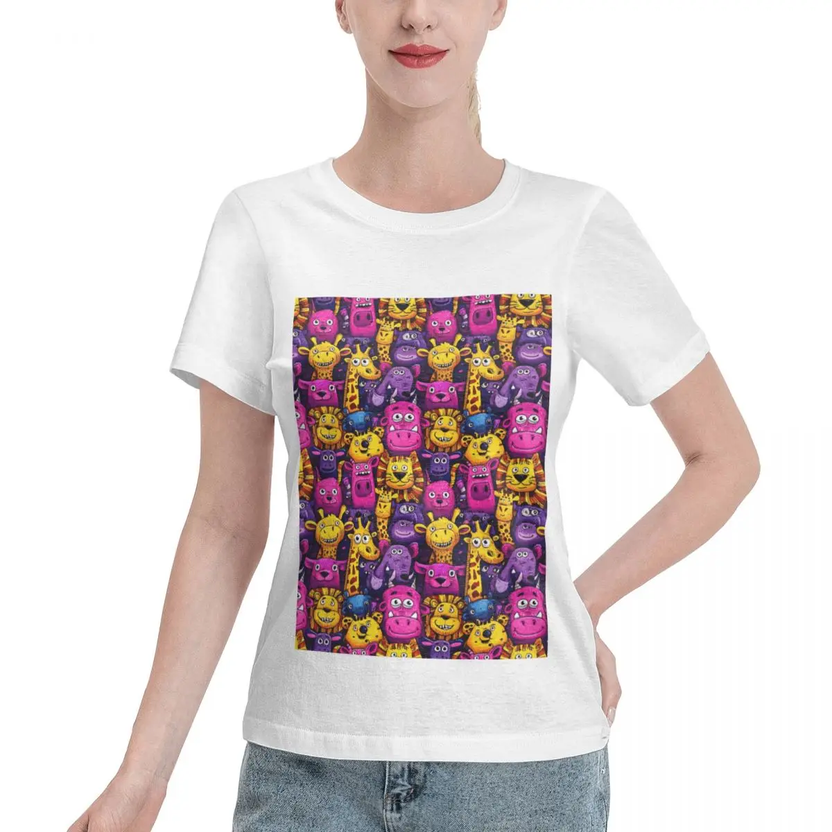 Wardrobe Filler Psychedelic Neon Jungle Animals Party Crowd Scene Women's T-shirt Stylish Comfy Daily Top