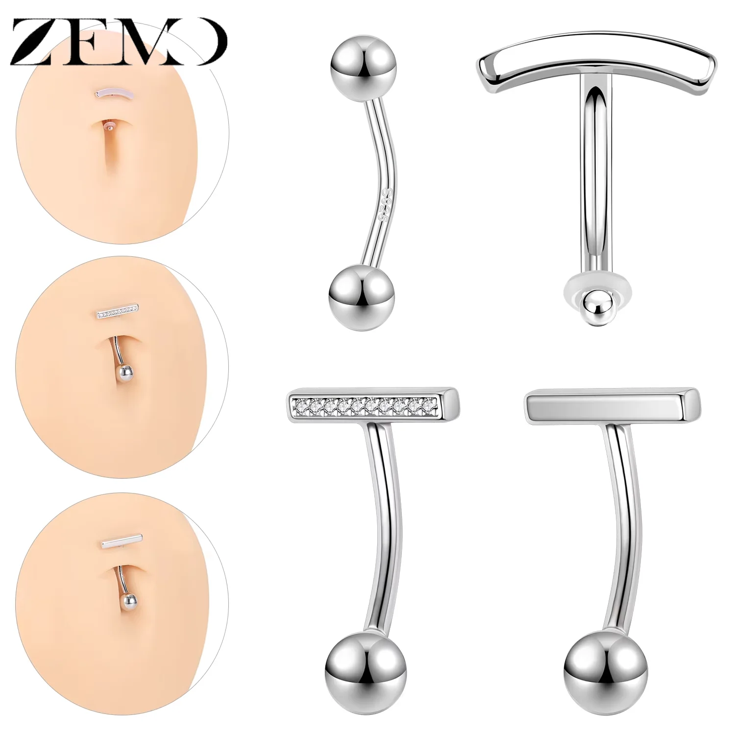 

ZEMO 1 PC 14/16G Curved 925 Sterling Silver Navel Rings CZ Crystal Belly Button Ring One Line Shape Nave Piercing Jewelry 8-12MM