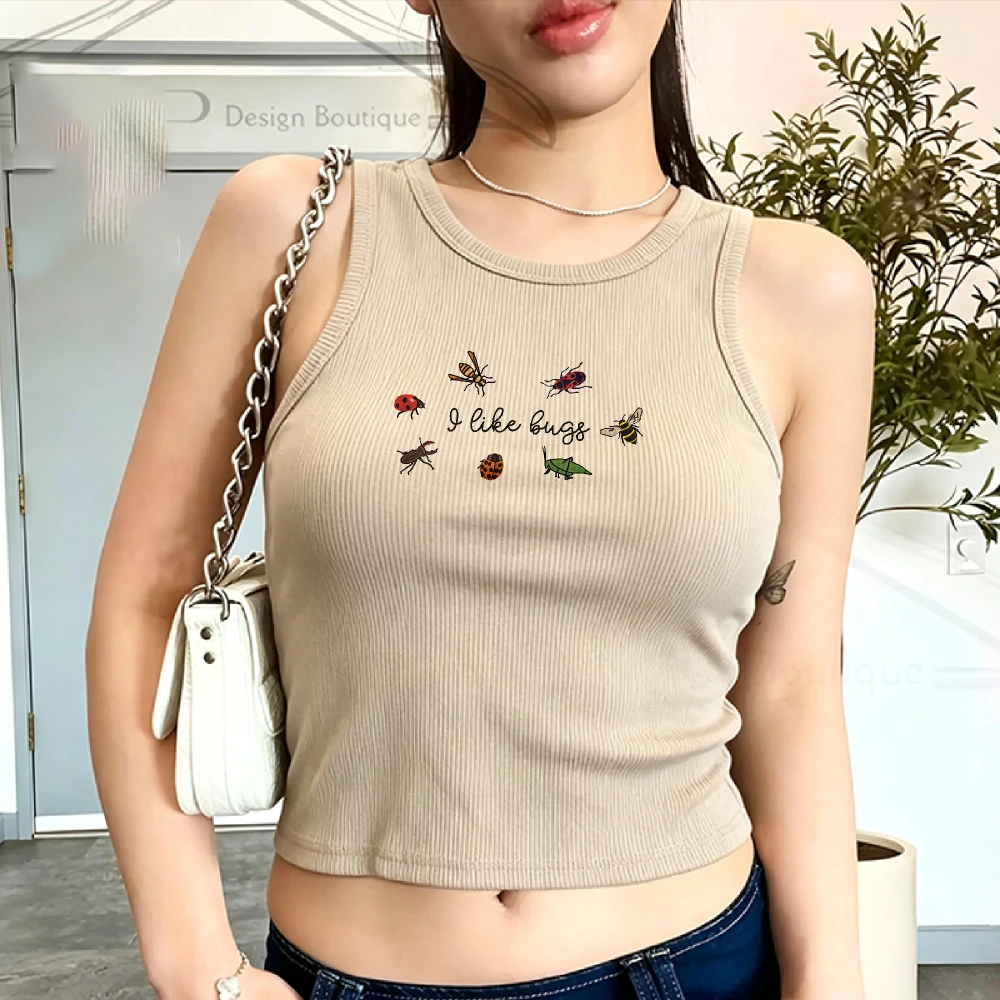 Insect Embroidered Sweatshirt For Women Ladybug Bee Butterfly Leaf Heart Pendant Black Ribbed Fitted Cropped Tank Top Cottagecor