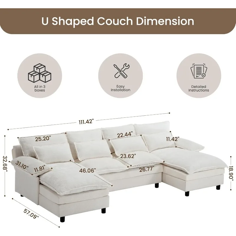 U Shape Cloud Couch, 4 Seats Comfy Sectional Sofa Couches for Living Room, Modular Chenille Sofas with Double Reversible Chaise