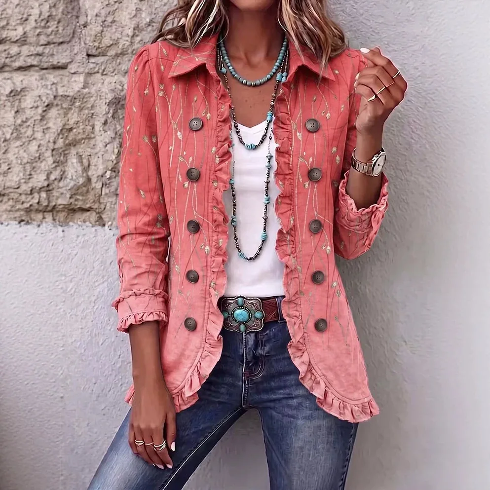 Women Coats Double Breasted Turn Down Collar Full Sleeve Jackets Casual Jacket Print Ruffles Y2k Streetwear Slim Fit Autumn 2026