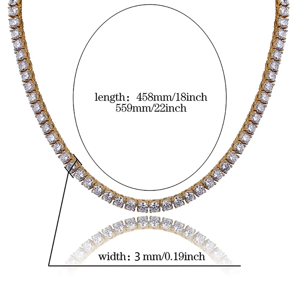 TOPGRILLZ 3MM Iced Out Bling AAA Zircon 1 Row Tennis Chain Necklace Men Hip Hop Jewelry Dropshipping