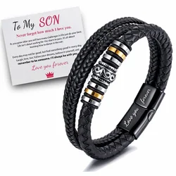 To My Son/To My Grandson Bracelet Braided Leather Bracelet With Card for Men Boys Magnetic Buckle Bracelet Inspirational Gifts