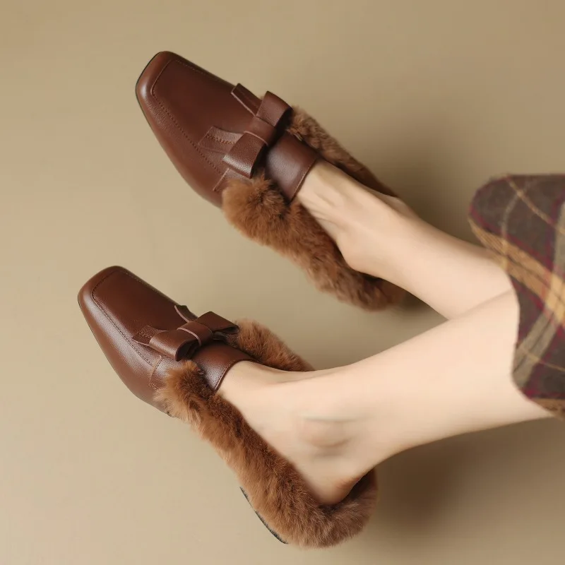 2023Winter New Cowhide Rabbit Fur Women's Shoes Bow Tie Wrap Lazy Man Shoes Thick Heel Velvet Inner and Outer Wear Half Slippers