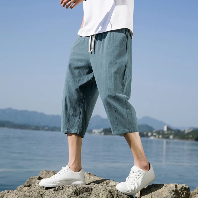 

Men's Summer Thin Ice Silk Linen Knee-Length Casual Pants Cotton Linen Loose Eighteen orts Straight Leg Lightweight orts